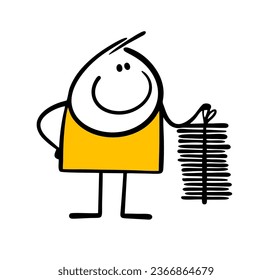 Satisfied schoolboy collected a large bundle of old paper for recycling. Vector illustration of eco-friendly waste paper collection at school. Funny doodle person isolated on white background.