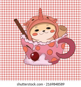 A satisfied sheba sits in a cup and waves to you.