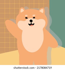 Satisfied shiba inu waving his hand to his friend in the background yellow checkered