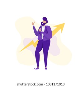 Satisfied Smiling Man Showing Double Thumbs up Two Like Gesture on Growth Arrow Backdrop Successful Business Metaphor Financial Advancement Great Confidence in Investment Profit Vector Illustration