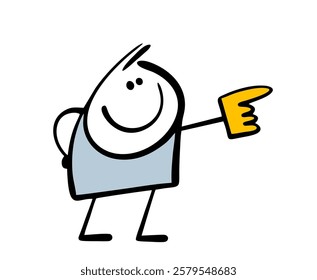 Satisfied stickman attracts attention and stretches out his hand in the right direction. Vector cartoon illustration, a boy attracts attention, a huge glove with an index finger. 
