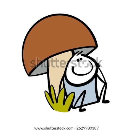 Satisfied stickman hid in the forest under a huge mushroom. Vector illustration of a boy sitting in the grass in nature. Cartoon mutant plant or a gnome child.