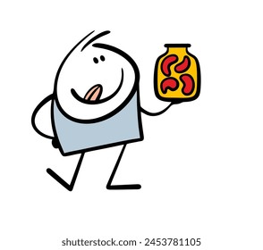 Satisfied stickman holds a jar of compote or canned peppers and licks his lips anticipating a delicious lunch. Vector illustration of a boy eating food. Isolated cartoon character on white background.