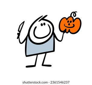 Un sticker satisfecho sostiene un cuchillo en la mano y talla una cara alegre en una calabaza. Ilustración vectorial de la preparación para la fiesta del partido de Halloween. Carácter gracioso aislado en fondo blanco.