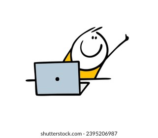 Satisfied stickman looks out from behind laptop and gives thumbs up, gesture of approval and delight. Vector illustration of  good programmer,  successful student online. Isolated cartoon on white.