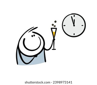 Satisfied stickman raised glass of champagne, says a toast, looks at the clock. Vector illustration of  cheerful man celebrating  new year with alcoholic drink at party. Isolated on white background.