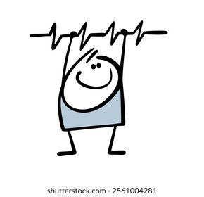 Satisfied stickman raised his hands and holds the pulse line. Vector illustration of a healthy child and heart rhythm. Isolated character on white background.