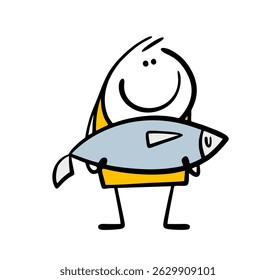 Satisfeito stickman mostra um peixe grande de um rio ou lago. Ilustração vetorial de um pescador feliz e sortudo pegou um apanhado no mar.