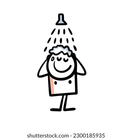Satisfied stickman soaps his head with shampoo in the shower and cleans himself. Vector illustration of a washing man.