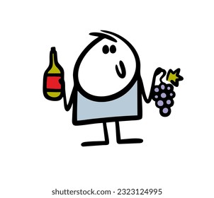 Satisfied stickman sommelier demonstrates grapes and French wine. Vector illustration of a man with berries and an alcoholic drink. Hand drawn stick figure character isolated on white background.