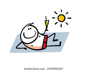 Satisfied stickman in swimming trunks is lying on  beach in  sun, enjoying life. Vector illustration of a guy on the beach holding a glass with an alcoholic cocktail. A man on summer vacation.