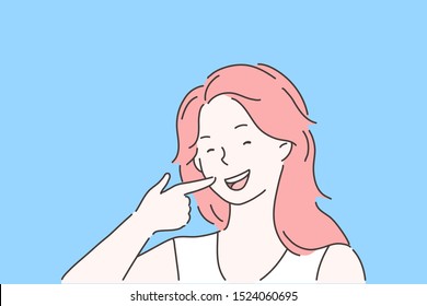 Satisfied stomatology client concept. Woman pointing at teeth with index finger, dental clinic patient happy with beaming smile after teeth whitening procedure. Simple flat vector