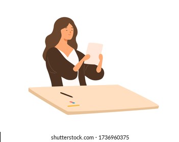 Satisfied teenage girl holding paper with successful school test vector flat illustration. Smiling student sitting at table on exam isolated on white background. Joyful pleasant pupil