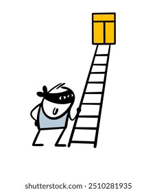 Satisfied thief in black mask has set up a ladder and climbs through the window. Vector illustration of a way to rob an apartment. Funny cartoon stickman committed a crime.