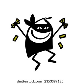 Satisfied thief in black mask stolen bank money and is dancing merrily, jumping off, throwing banknotes. Vector illustration of lucky robber celebrating crime success. Funny doodle character.