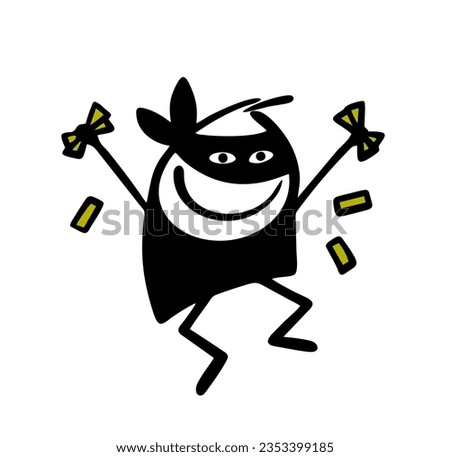 Satisfied thief in black mask stolen bank money and is dancing merrily, jumping off, throwing banknotes. Vector illustration of lucky robber celebrating crime success. Funny doodle character.