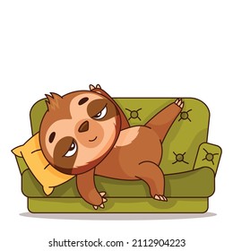 Satisfied and tired sloth lies on a green sofa. Vector illustration for designs, prints and patterns. Vector illustration