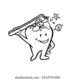 satisfied tooth character brushing himself, oral hygiene, outline vector