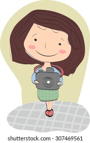 Satisfied tourist holds camera at the ready. Smiling girl with rosy cheeks in a classic skirt
