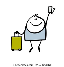 Satisfied traveler bought tickets, stands with a suitcase at the train station waiting for the train. Vector illustration of a passenger going on vacation. Isolated character on white background.