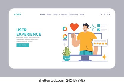 Satisfied user gives thumbs-up beside monitor showcasing performance metrics. Stellar reviews and positive feedback reflect superior user experience. Tailored UX design in focus. vector illustration