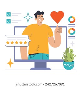 Satisfied user gives thumbs-up beside monitor showcasing performance metrics. Stellar reviews and positive feedback reflect superior user experience. Tailored UX design in focus. vector illustration