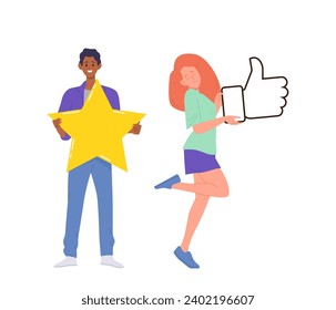 Zufriedene Benutzer-Cartoon-Zeichen-Test Set mit Mann halten Stern und Frau mit Daumen