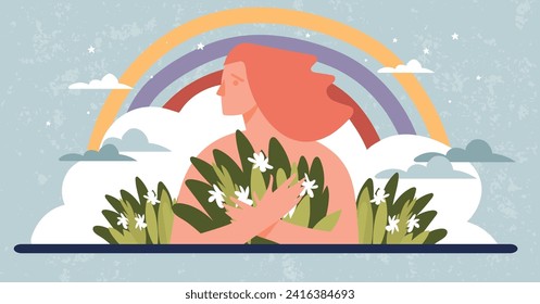A satisfied woman, feeling self-love, bliss, harmony, good mood. The girl is a volunteer. Self care, healthy lifestyle, peace concept. Colored flat vector illustration.