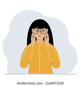 Satisfied woman with glasses. Vision problem concept. Vector flat illustration