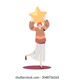 Satisfied woman with golden star customer ranking service giving high rank feedback at survey. User, consumer or client review system concept. Cartoon flat vector illustration
