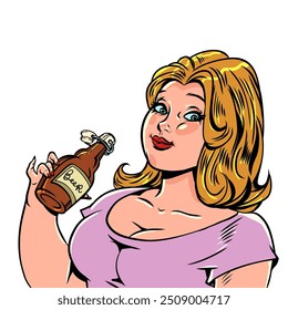 A satisfied woman holds a bottle of beer in her hands. Discount on alcoholic beverages for female visitors. Participant of the national beer festival Oktoverfest. Comic cartoon pop art retro vector