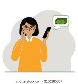 A satisfied woman holds a phone to which a message about money has arrived. The concept of online earnings, income generation. Vector flat illustration