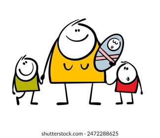 Madre satisfecha sostiene a un recién nacido en sus brazos. Ilustración vectorial de doodle foto Grande familia. Los niños y los padres sonríen. Personajes aislados de la figura del palo de la historieta sobre fondo blanco.