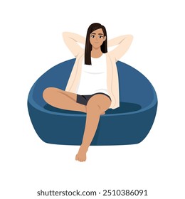 Satisfied woman sitting leaning back on couch. Flat Vector Illustration Isolated on White Background