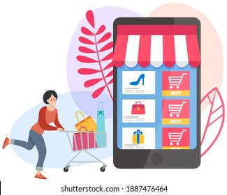 Satisfied woman smiles and stands with shopping cart full of purchases, online shopping concept. Cartoon happy girl pushing shopping trolleys with packages. Shopping themed isolated flat vector