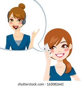 Satisfied woman smiling and having a nice phone conversation receiving good customer service from call center agent