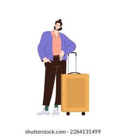 Satisfied woman standing with luggage suitcase bag ready for business trip waiting for departure