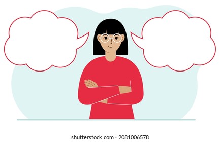A satisfied woman tries to make the right decision. Left and right are empty bubbles. Comparison of the two solutions. Vector flat illustration
