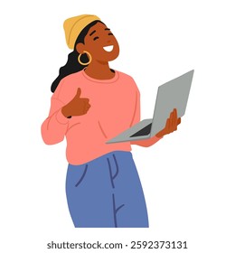 Satisfied woman web developer feeling excited after successful professional automated software testing vector illustration. Young female it specialist freelancer holding laptop isolated on white
