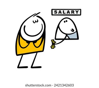 Satisfied worker or employee has come to receive  salary. Cartoon vector illustration in the window holds out cash. Earned money. Isolated caricature situation on white background.