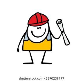 Satisfied worker in uniform stands and holds a rolled-up plan or drawing. Vector illustration of the construction of  house, road or mechanism in factory. Isolated on white background.