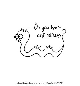 A satisfied worm crawls to destroy your computer with virus attacks. Computer protection, installation of antivirus programs. Hand drawn vector illustration.
