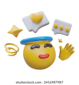Satisfied yellow emoticon, icons for social networks. Positive reaction, like. Vector 3D illustration in cartoon style on white background. Template for web design