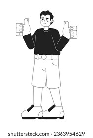 Satisfied young man monochromatic flat vector character. Thumbs up gesture. Everything all right. Editable thin line full body person on white. Simple bw cartoon spot image for web graphic design