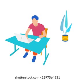 Satisfied young man working at home office, siting at the table in the room, looking at the computer screen and talking with colleagues on the Internet. Vector isolated on white background.
