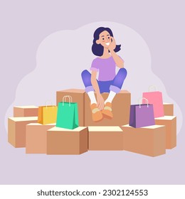Satisfied young woman receiving a delivery. Delivery concept isolated. Vector illustration EPS10