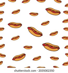 Satisfy your craving with this delicious hot dog illustration on a white background. Complete with a grilled sausage, mustard, and a bun, this image is perfect for adding a touch of fun to your design