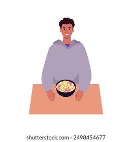 Satisfy your hunger with a plate of delicious noodles. Vector drawing shows a young guy enjoying a dish of spicy Asian noodles garnished with shrimp and lime.