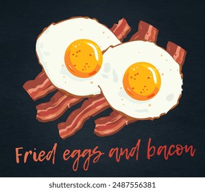 Satisfying morning meal with Fried Eggs and Crispy Bacon, perfect for a hearty breakfast or brunch vector icon on black chalkboard. Tasty breakfast cartoon image of two perfectly fried eggs with