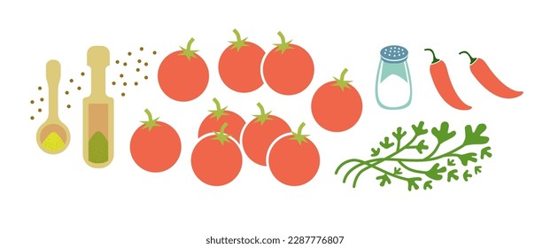 Satsebeli sauce fresh ingridients set. Tomato sause making. Flat vector illustration isolated on white background.
